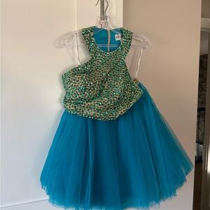 Sherri Hill Teal and Gold Beaded Tulle Prom Dress